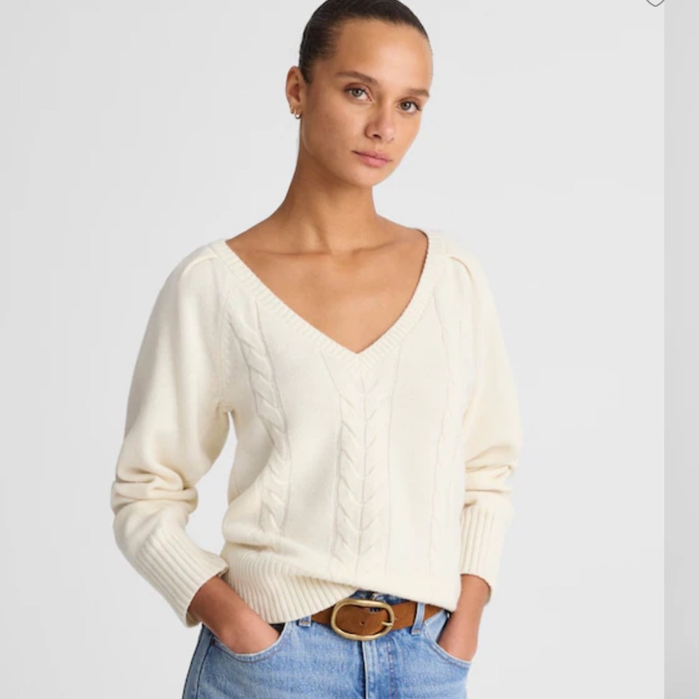Madewell Cream V-Neck Merino Wool Sweater.